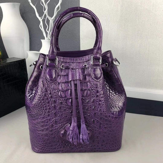 Women Crocodile Leather Drawstring Shoulder Handle Bag