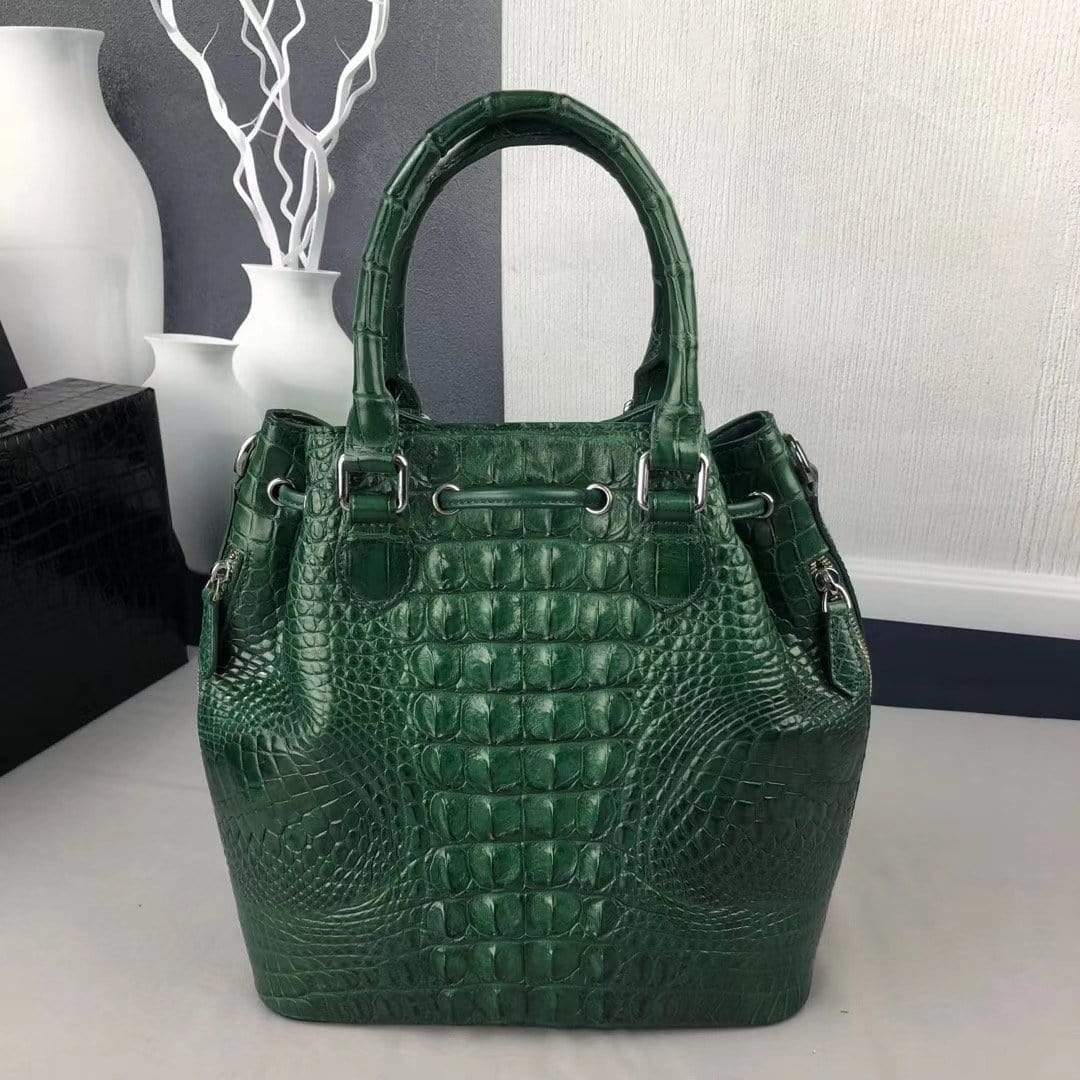 Women Crocodile Leather Drawstring Shoulder Handle Bag