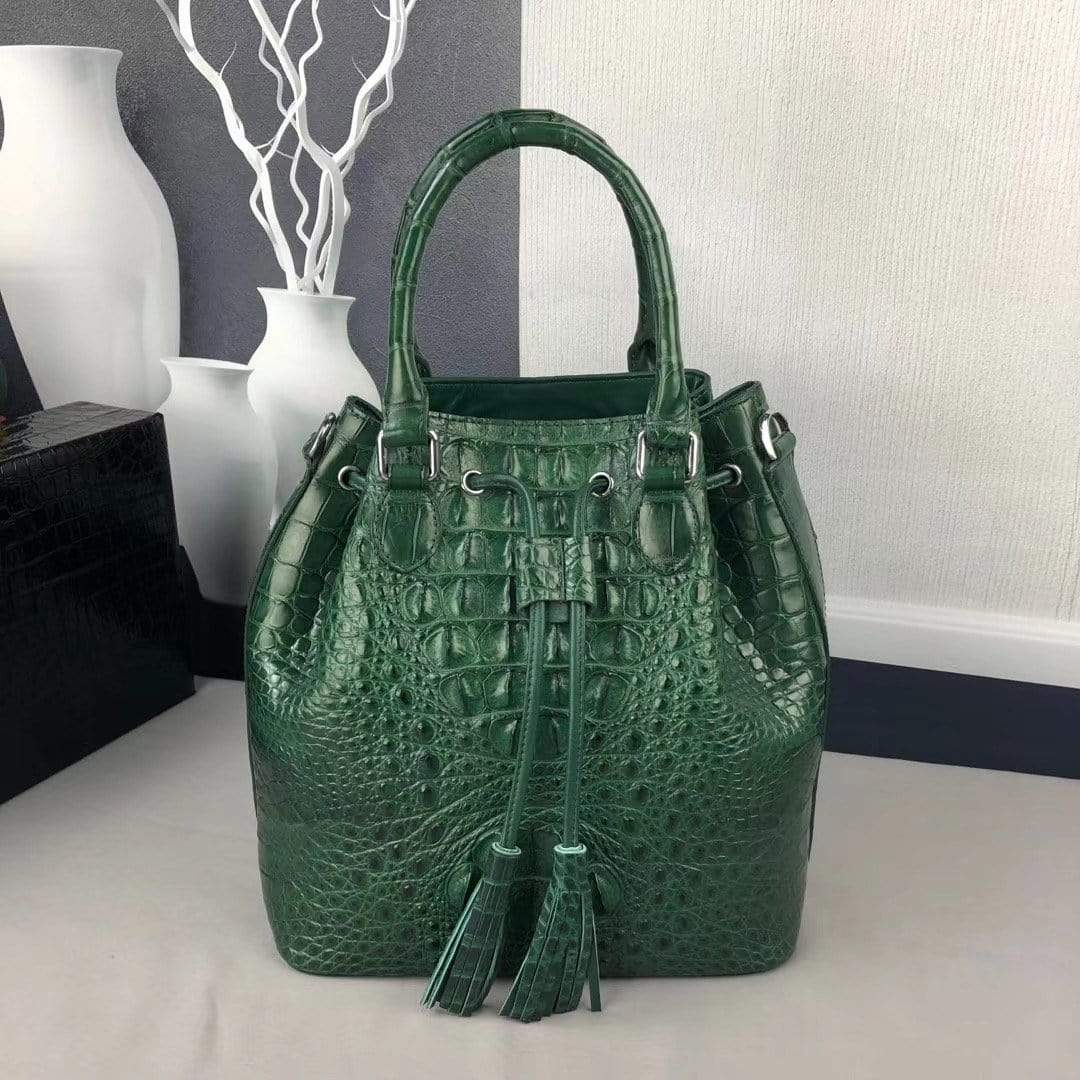 Women Crocodile Leather Drawstring Shoulder Handle Bag