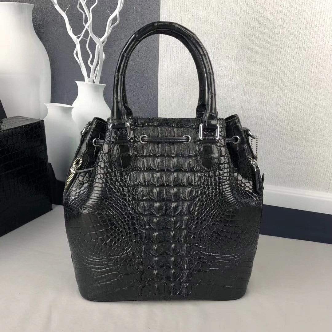 Women Crocodile Leather Drawstring Shoulder Handle Bag