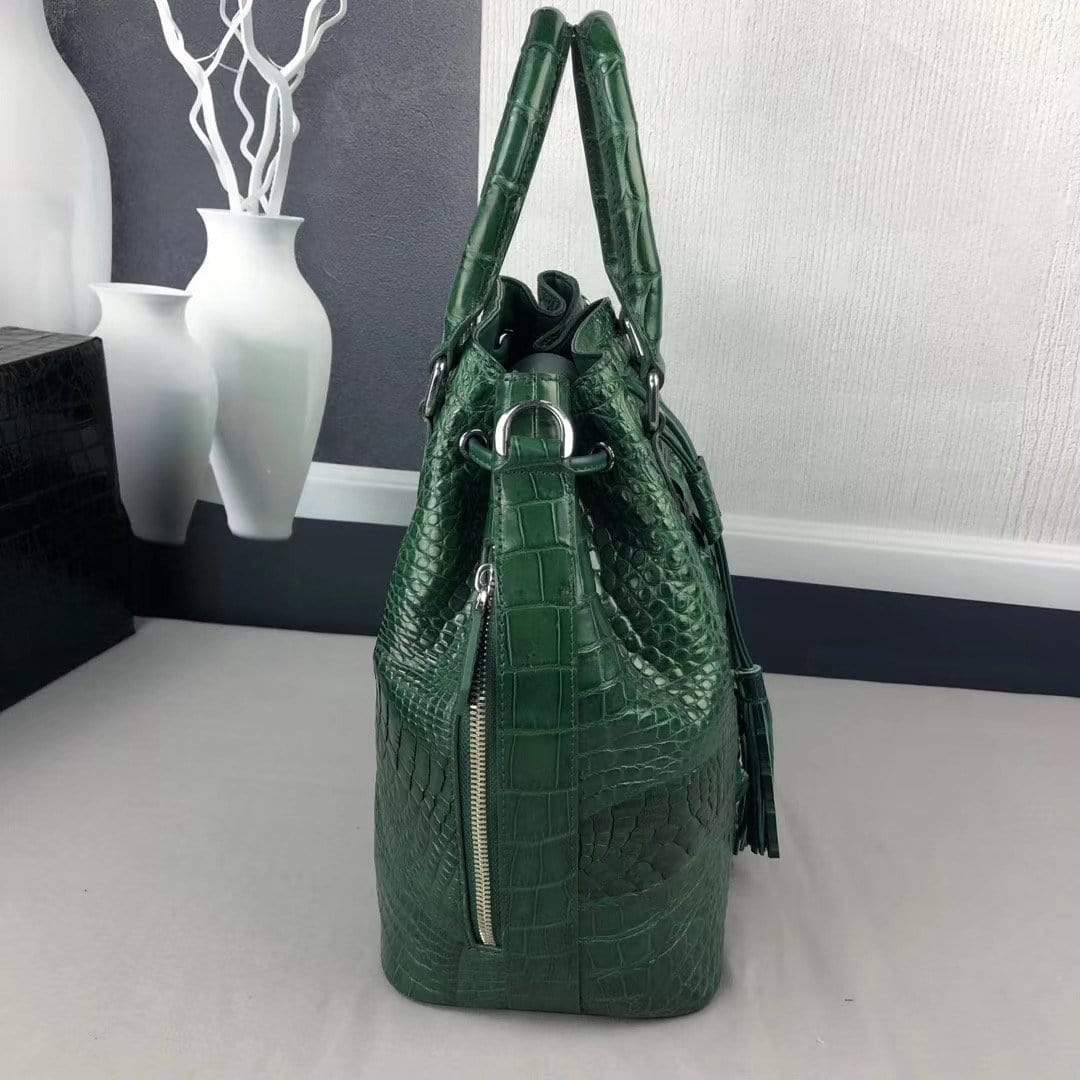 Women Crocodile Leather Drawstring Shoulder Handle Bag