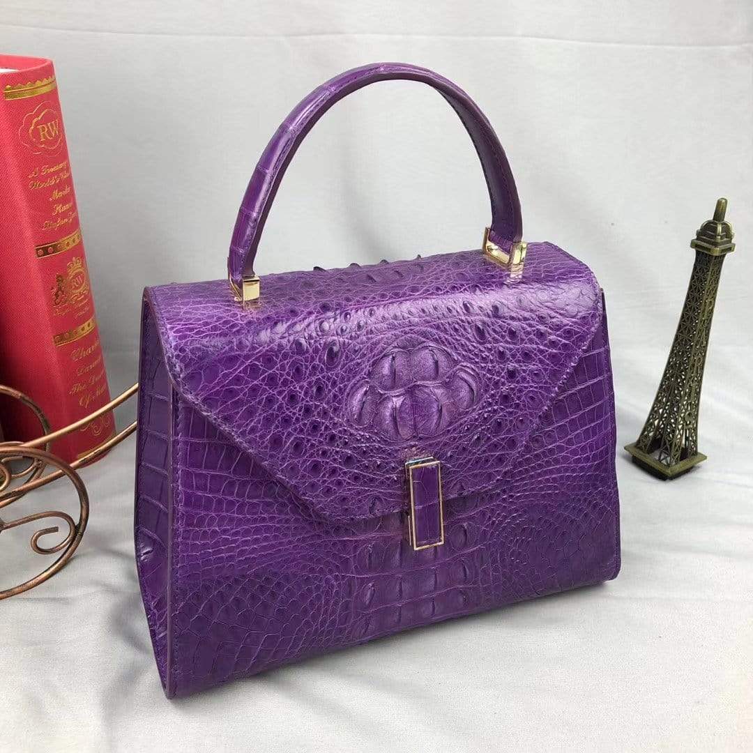 Women Crocodile Leather Top Handle Bags Purple