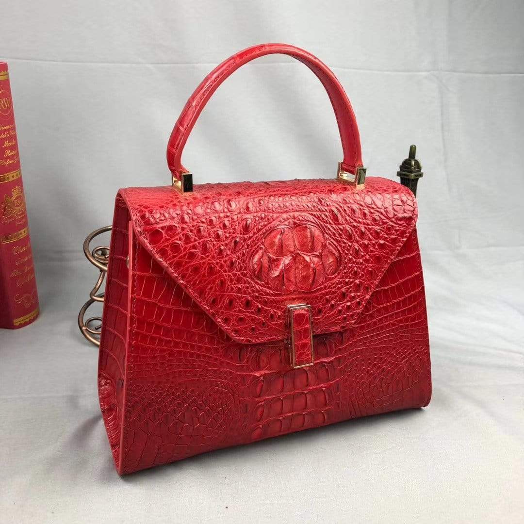 Women Crocodile Leather Top Handle Bags Red