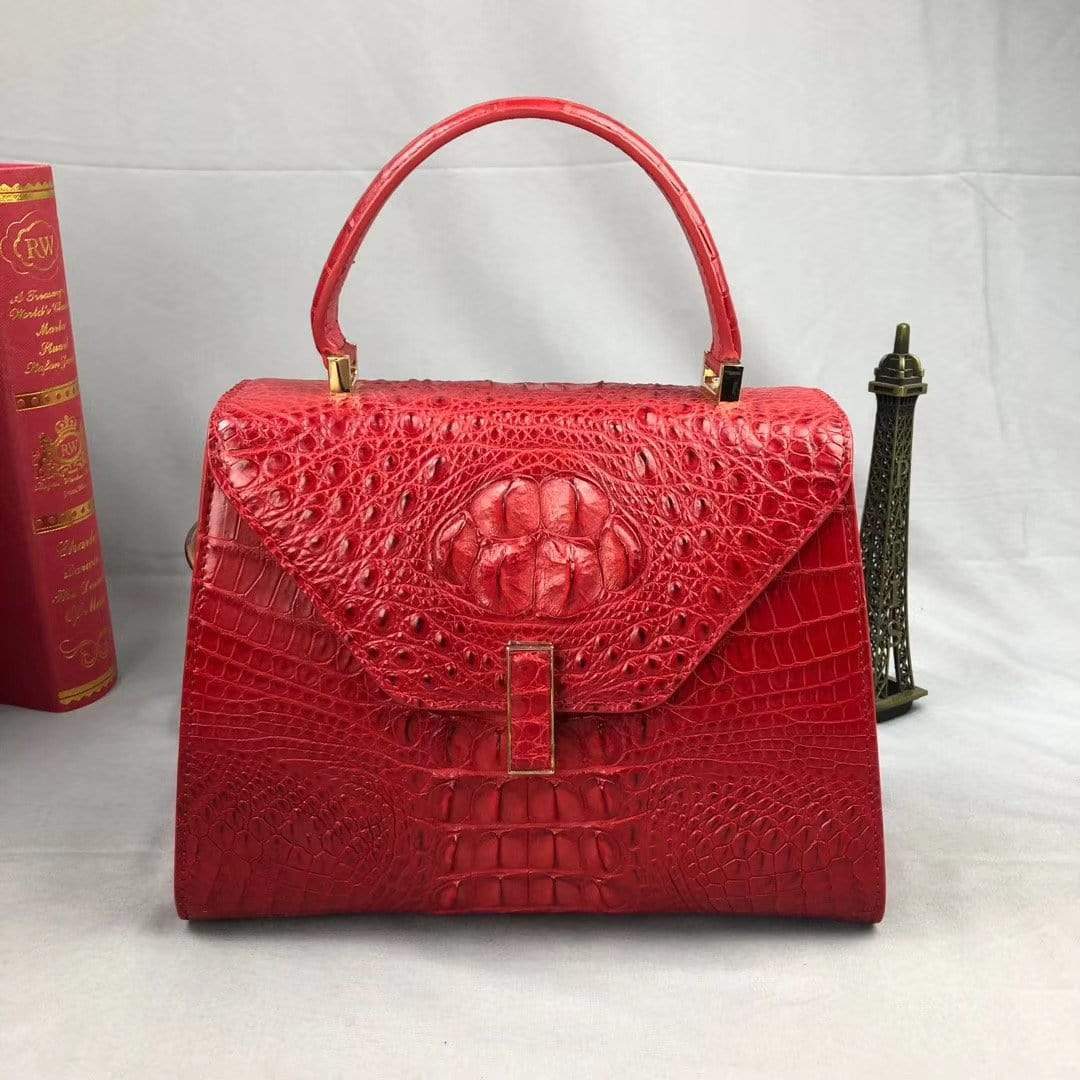 Women Crocodile Leather Top Handle Bags Red