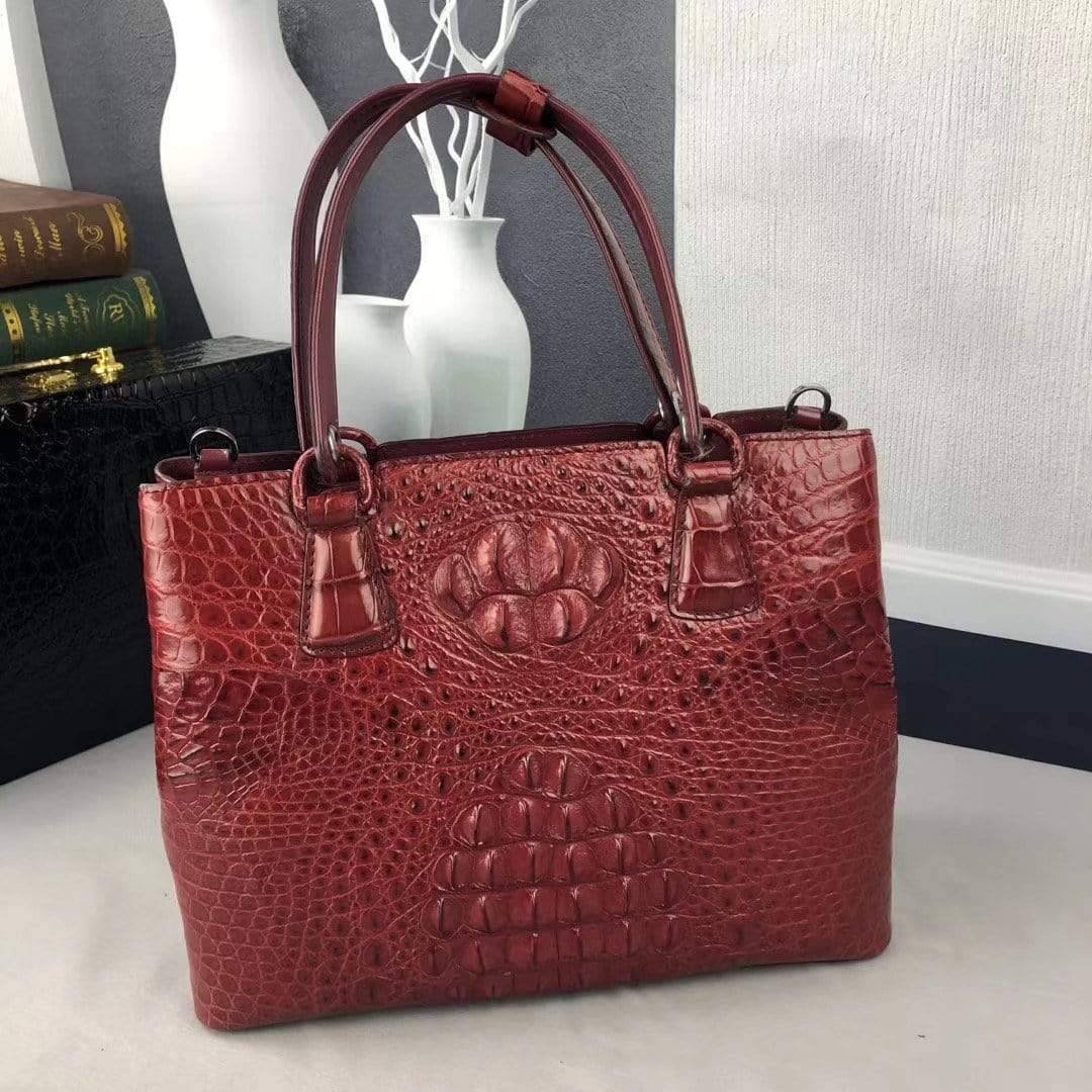 Women Crocodile Leather Top Handle Shoulder Tote Bag