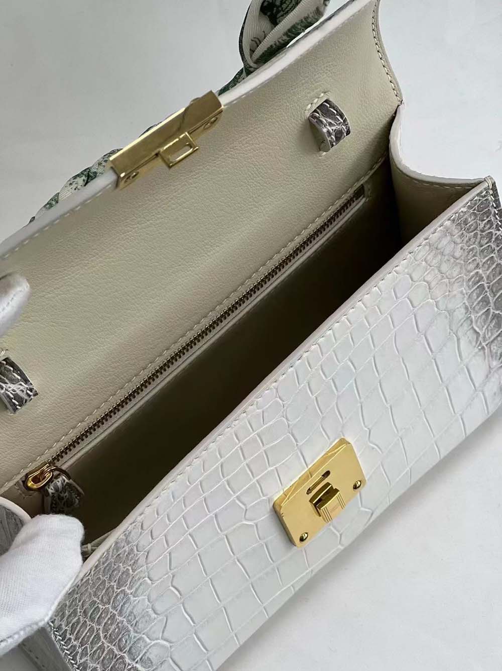 Women Mini Himalaya White Crocodile Leather Top Handle Bag