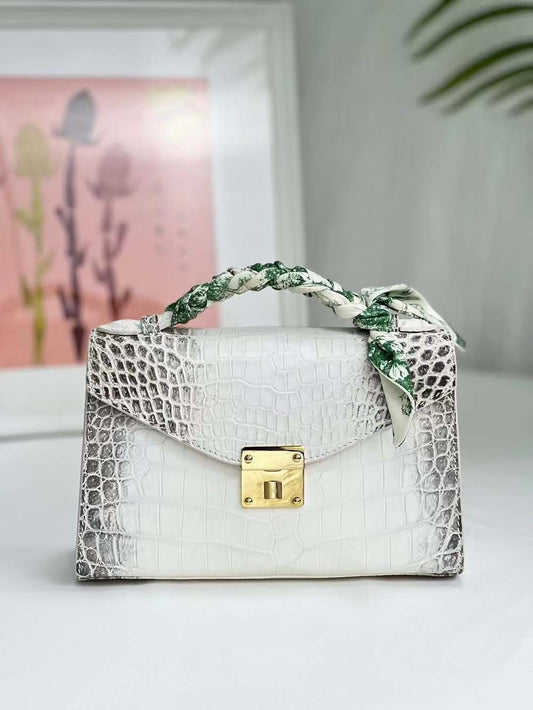 Women Mini Himalaya White Crocodile Leather Top Handle Bag