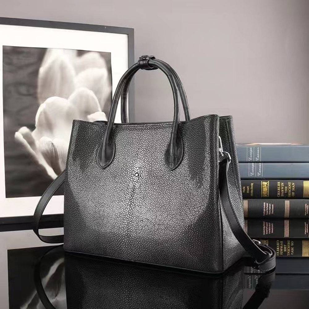 Women's Black Genuine Pearl Stingray Leather Tote Bag