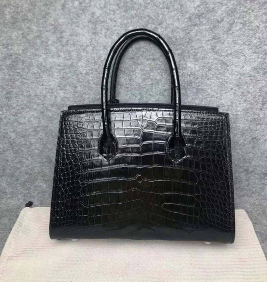 Women's Crocodile Leather Padlock Top Handle Handbag Black