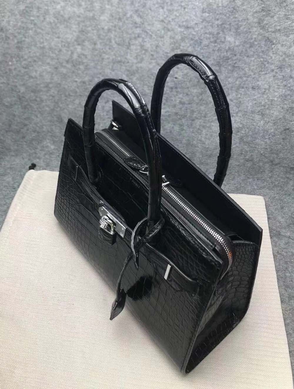 Women's Crocodile Leather Padlock Top Handle Handbag Black