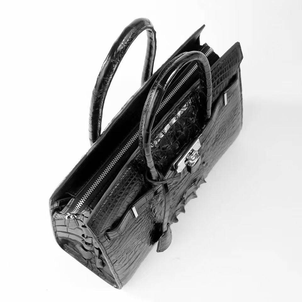 Women's Crocodile Leather Padlock Top Handle Handbags Black