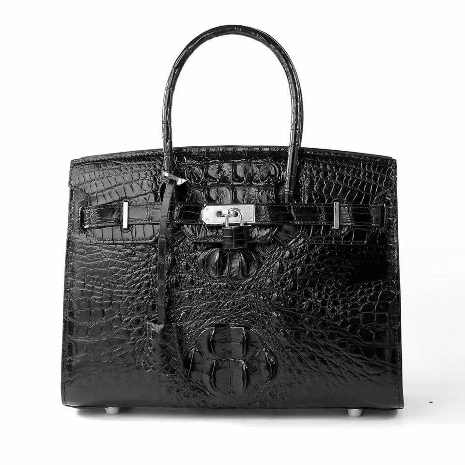 Women's Crocodile Leather Padlock Top Handle Handbags Black