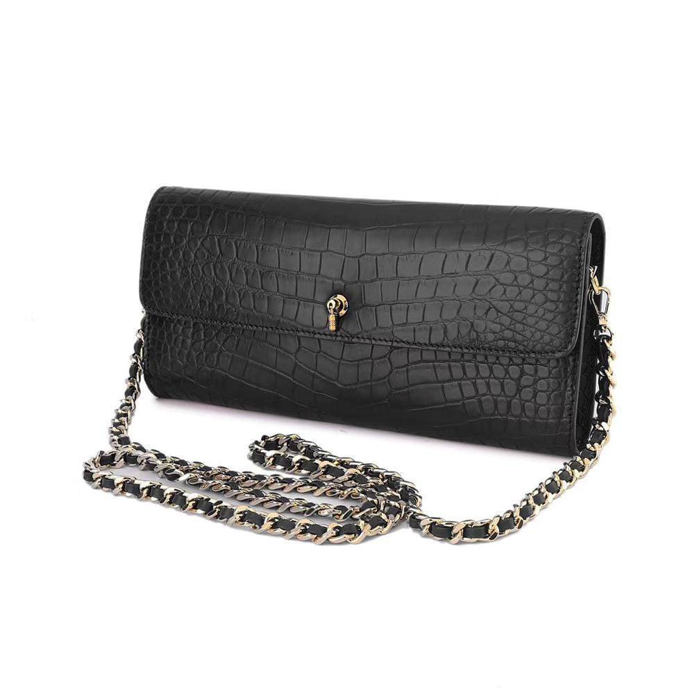 Women's Crocodile Leather  Pouches Chain Pouchette Clutch Bags  Black