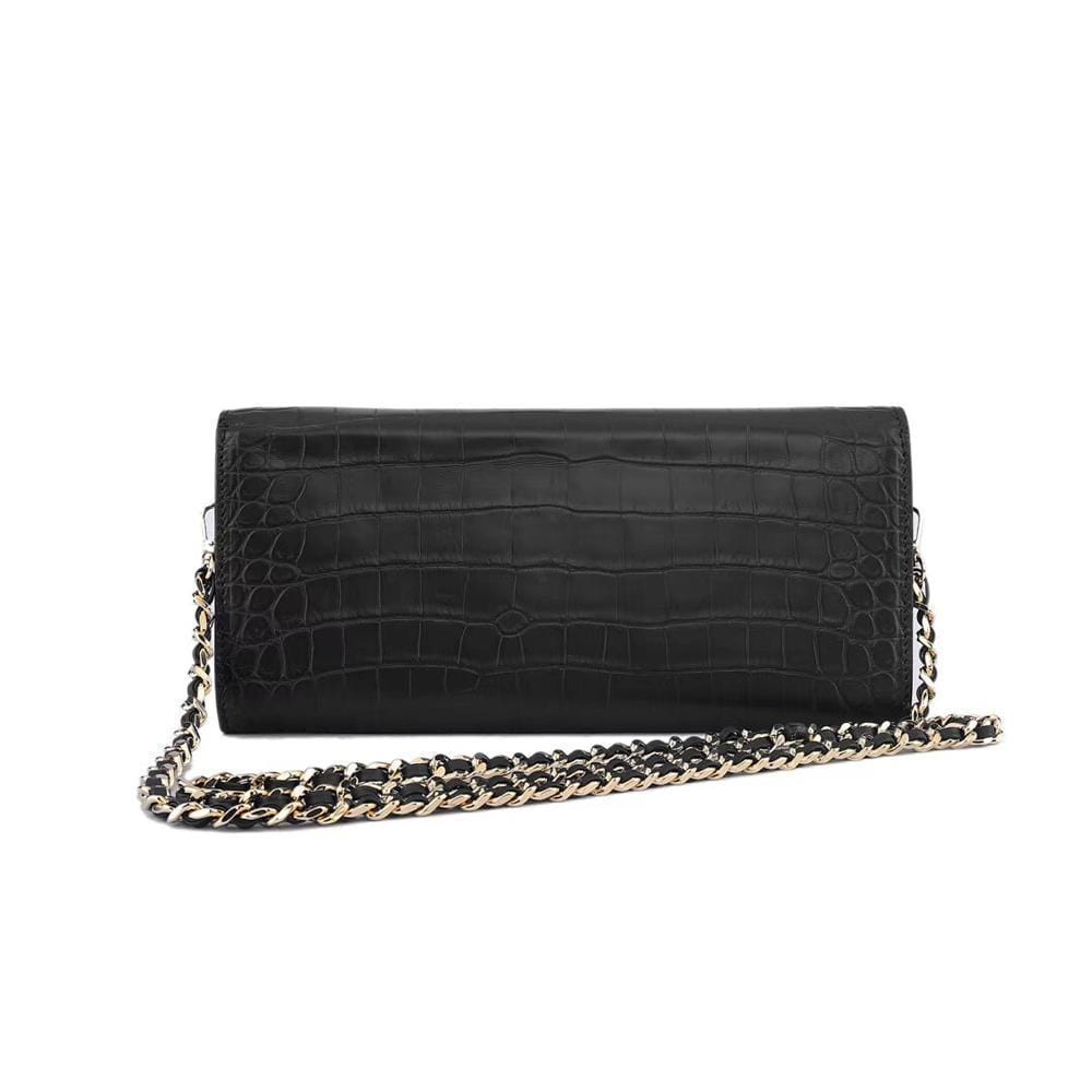 Women's Crocodile Leather  Pouches Chain Pouchette Clutch Bags  Black