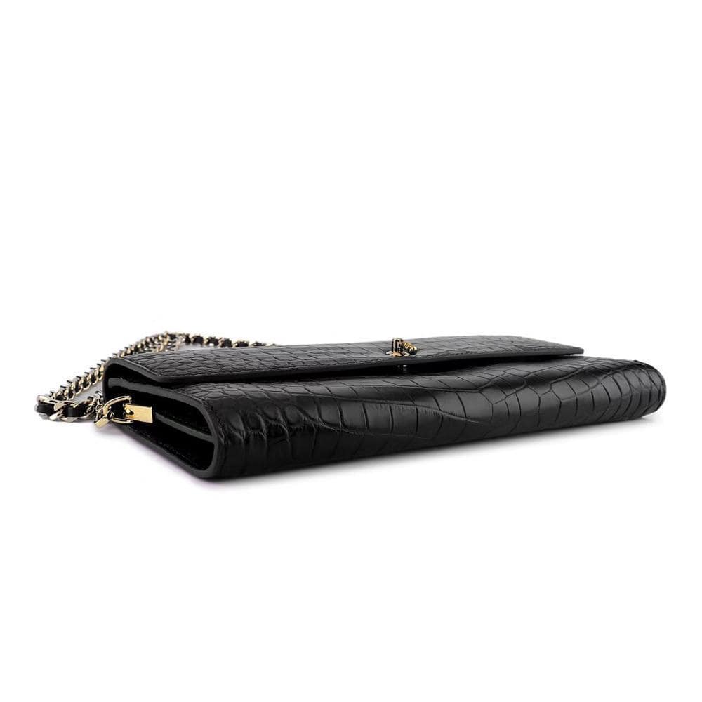 Women's Crocodile Leather  Pouches Chain Pouchette Clutch Bags  Black