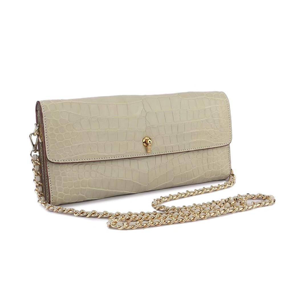 Women's Crocodile Leather  Pouches Chain Pouchette Clutch Bags Cream