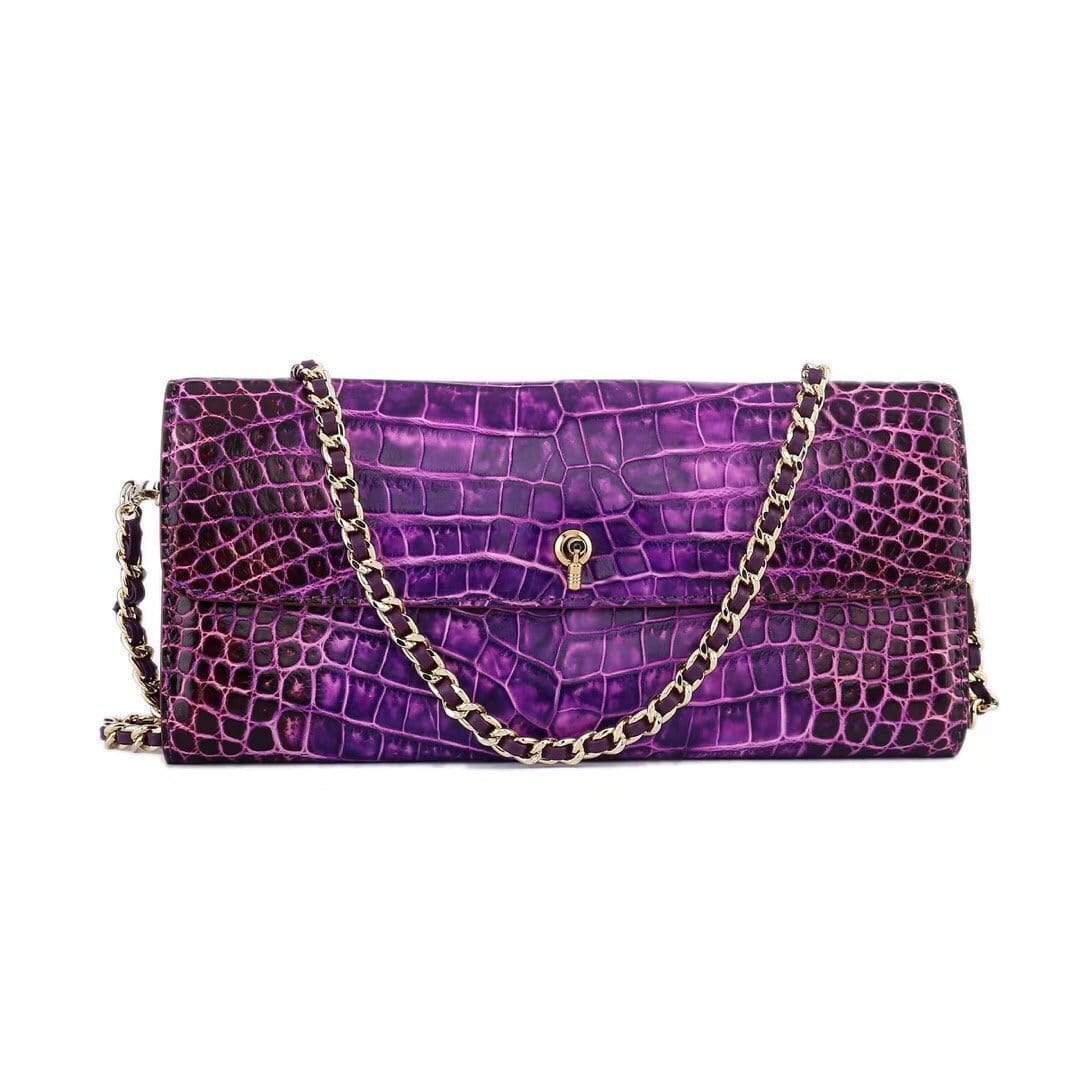 Women's Crocodile Leather  Pouches Chain Pouchette Clutch Bags  Purple