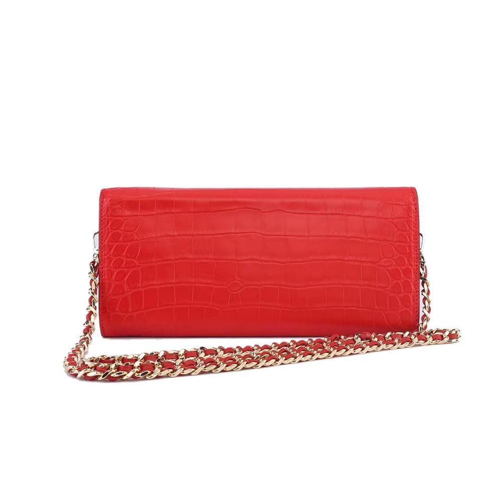 Women's Crocodile Leather  Pouches Chain Pouchette Clutch Bags Red