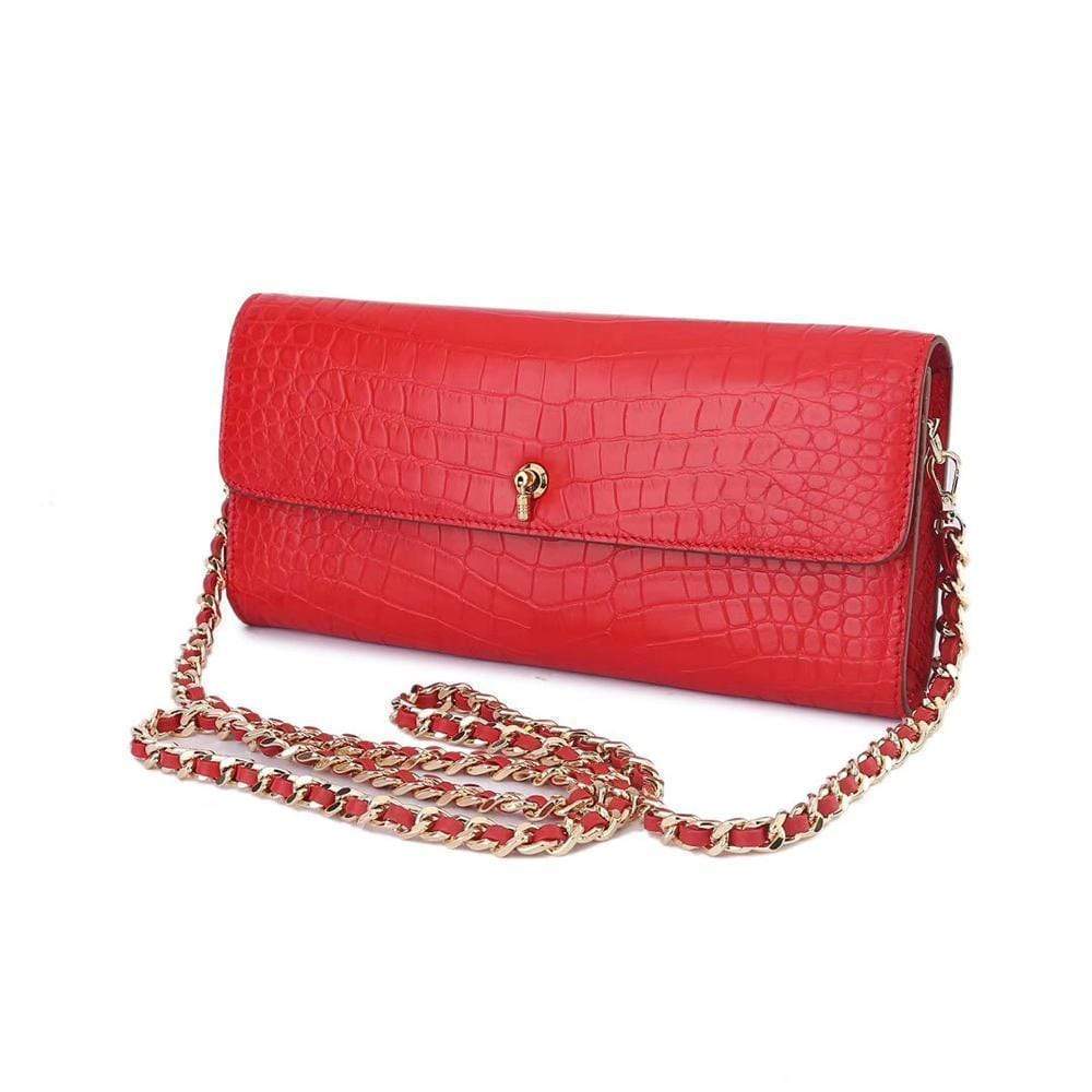 Women's Crocodile Leather  Pouches Chain Pouchette Clutch Bags Red