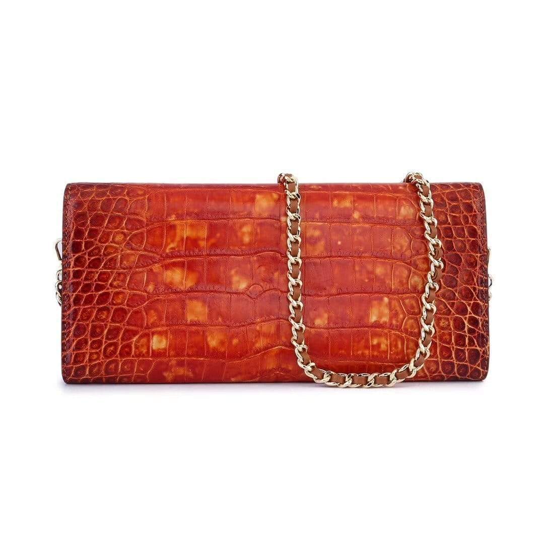 Women's Crocodile Leather  Pouches Chain Pouchette Clutch Bags Orange