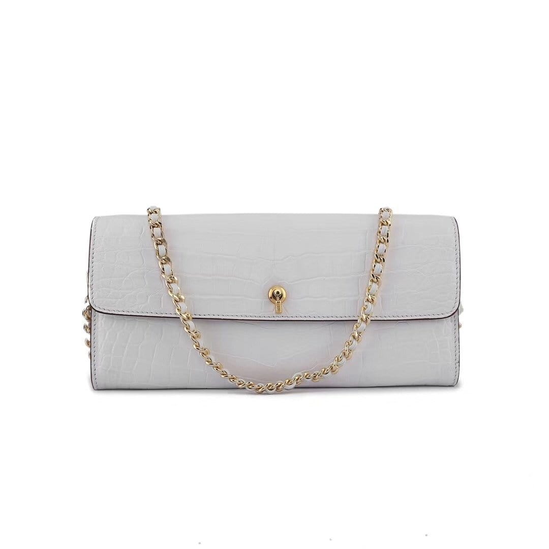 Women's Crocodile Leather  Pouches Chain Pouchette Clutch Bags White