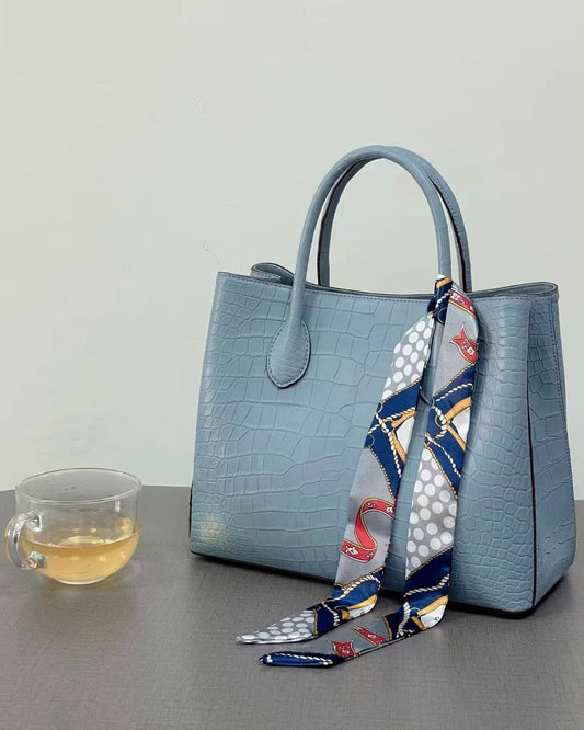 Women's Genuine Crocodile Leather Top Handle Shoulder Tote Purse Messenger Bags 32cm  Pale Blue