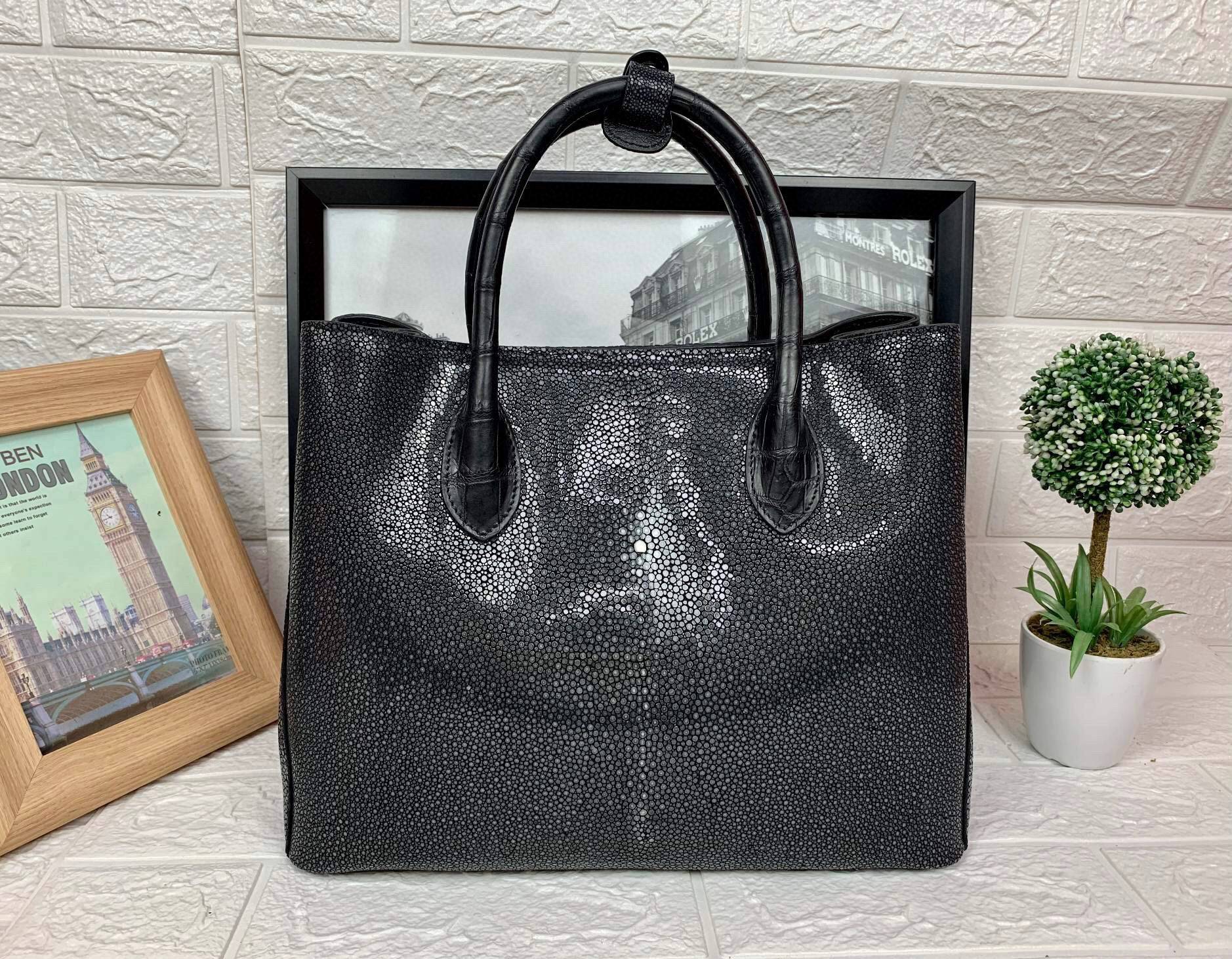 Women's Genuine Pearl Stingray Leather Top Handle Tote  Shoulder Bag