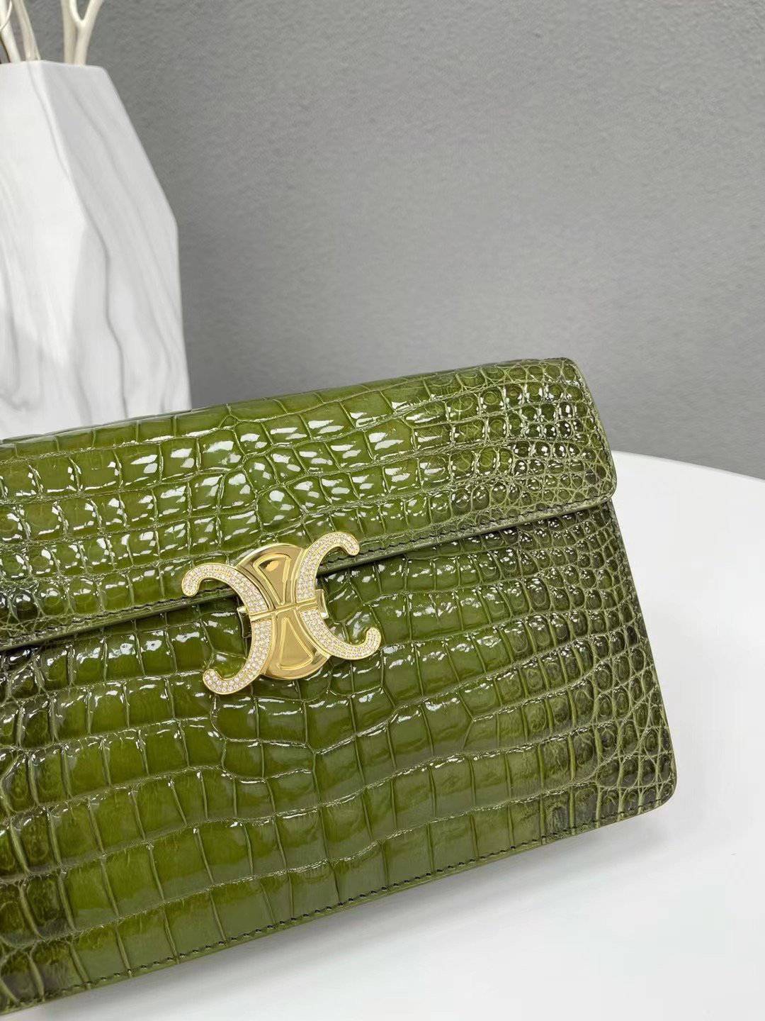 Women's High Glossy Beaded Crocodile Leather Top Handle  Cross Body Bag Himalaya Green