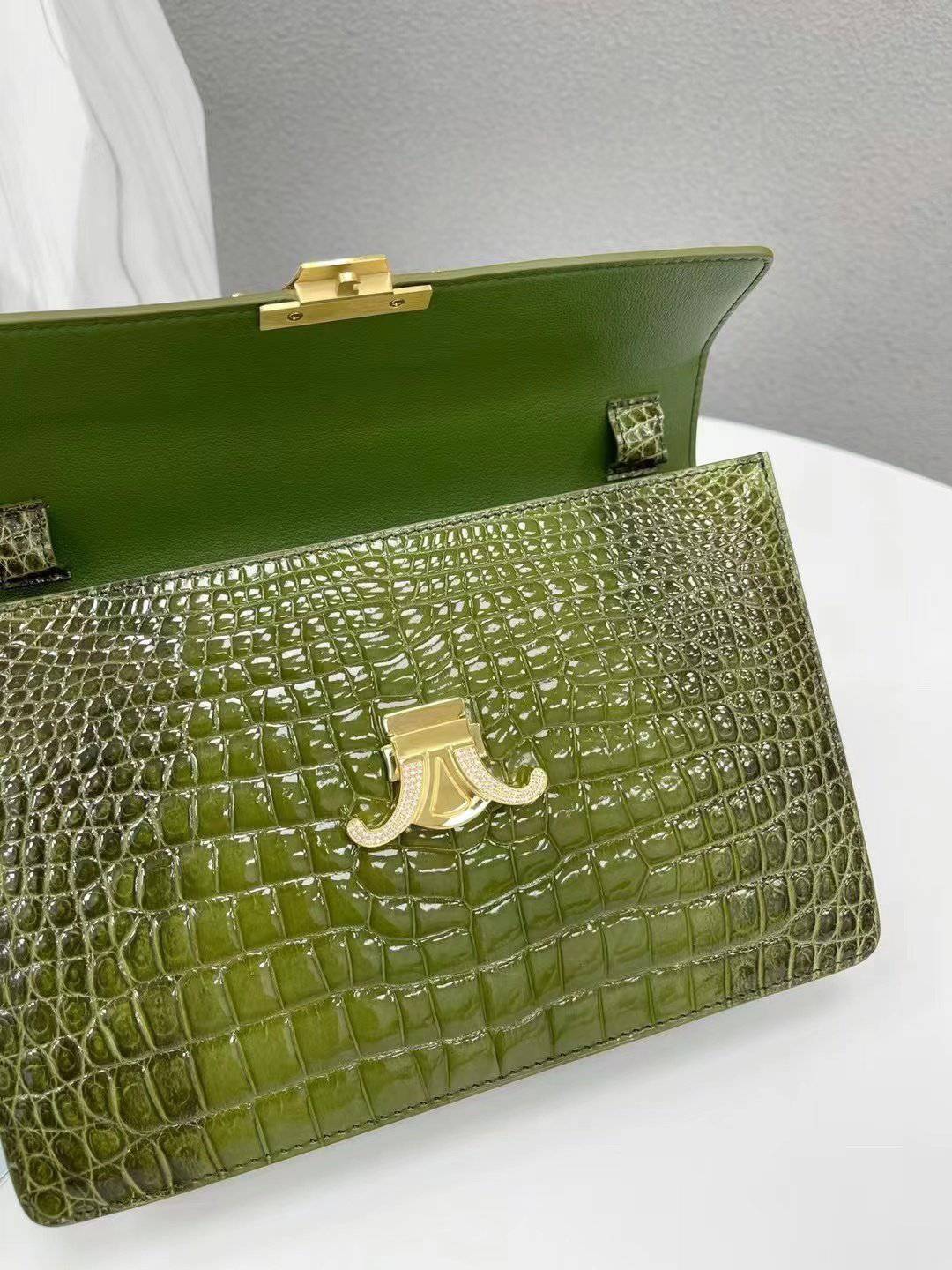 Women's High Glossy Beaded Crocodile Leather Top Handle  Cross Body Bag Himalaya Green