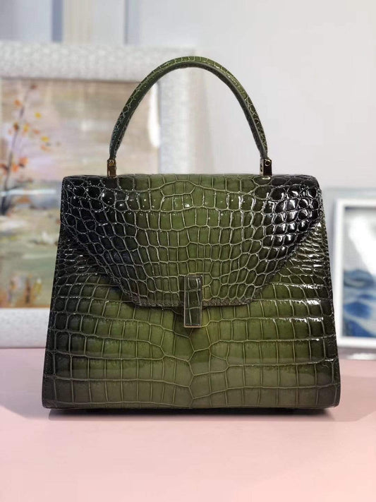 Women's High Shiny Crocodile Leather Top Handle Messenger Cross Body Bags Green