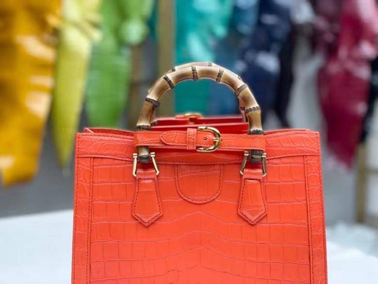 Women's Matt Crocodile Leather Bamboo Top Handle Bag Orange