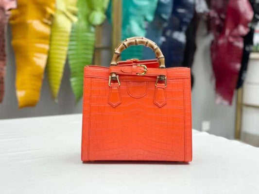 Women's Matt Crocodile Leather Bamboo Top Handle Bag Orange