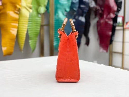 Women's Matt Crocodile Leather Bamboo Top Handle Bag Orange
