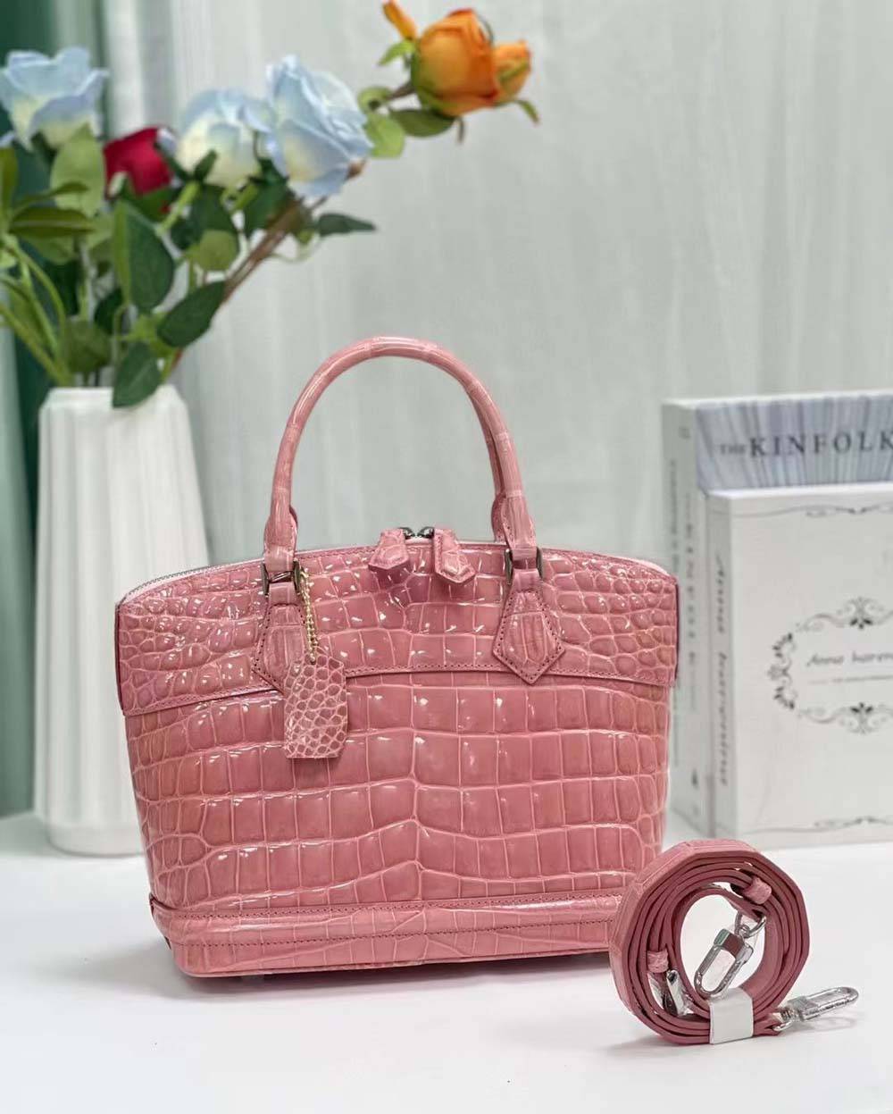 Women Shiny Crocodile Leather Top Handle Satchel Bag Rose Sakuras