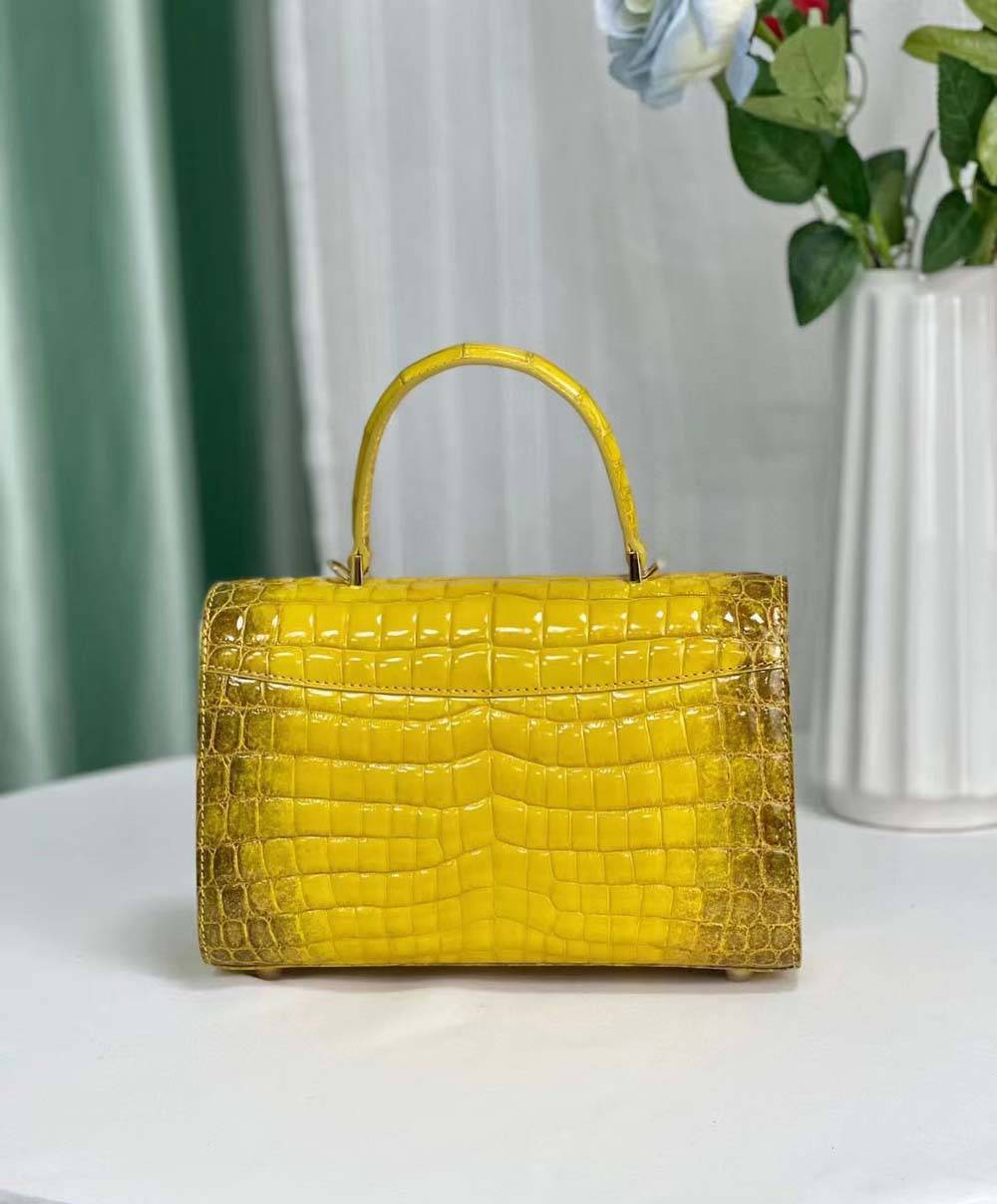 Women Shiny Himalaya Yellow Beaded Crocodile Leather Top Handle Satchel Bag