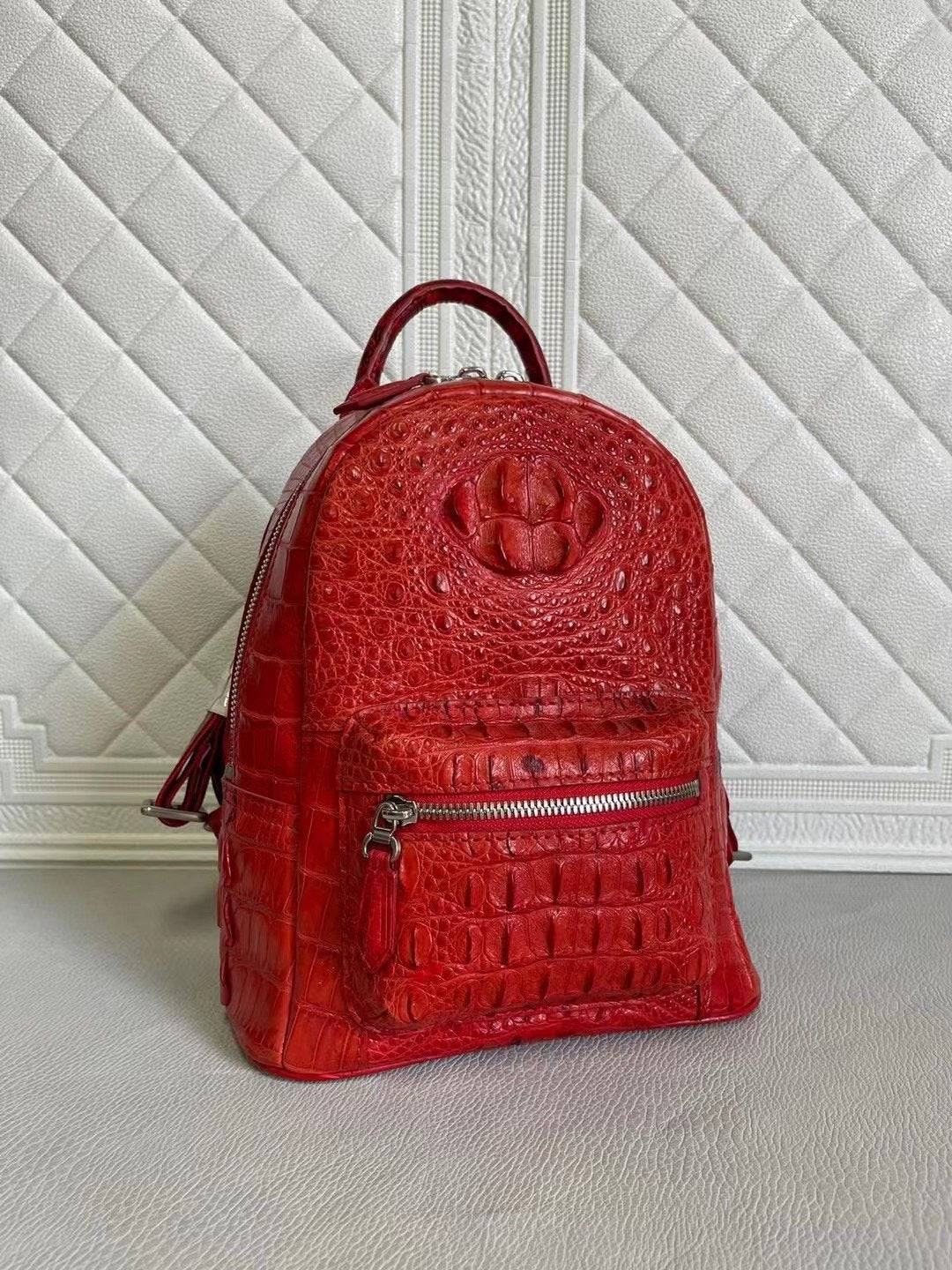 Womens Crocodile Leather Backpack Peach & Red