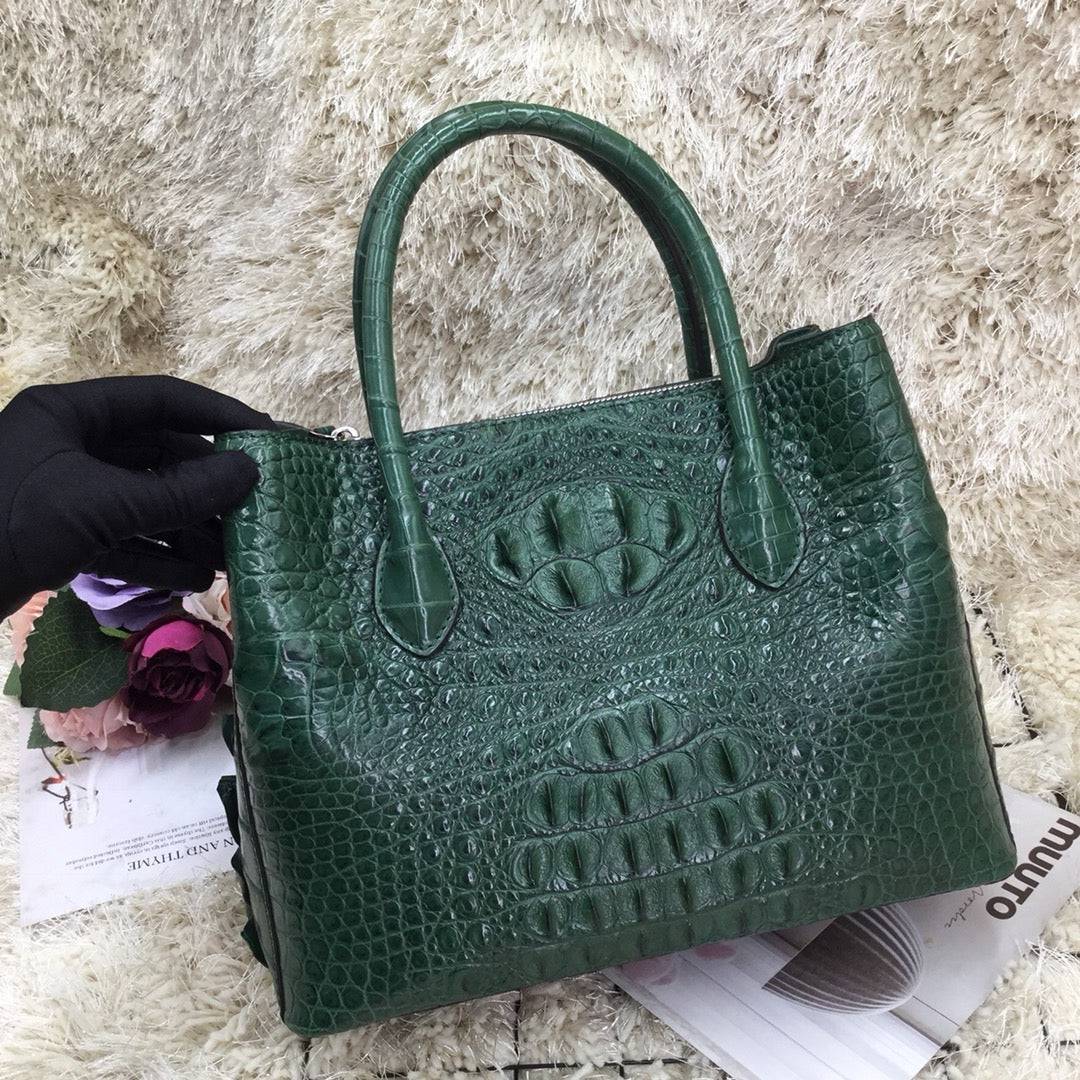 Womens Crocodile  Skin  Leather Satchel Bag 30cm Dark Green