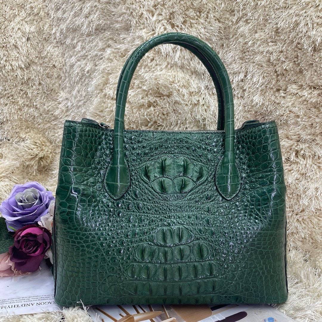 Womens Crocodile  Skin  Leather Satchel Bag 30cm Dark Green