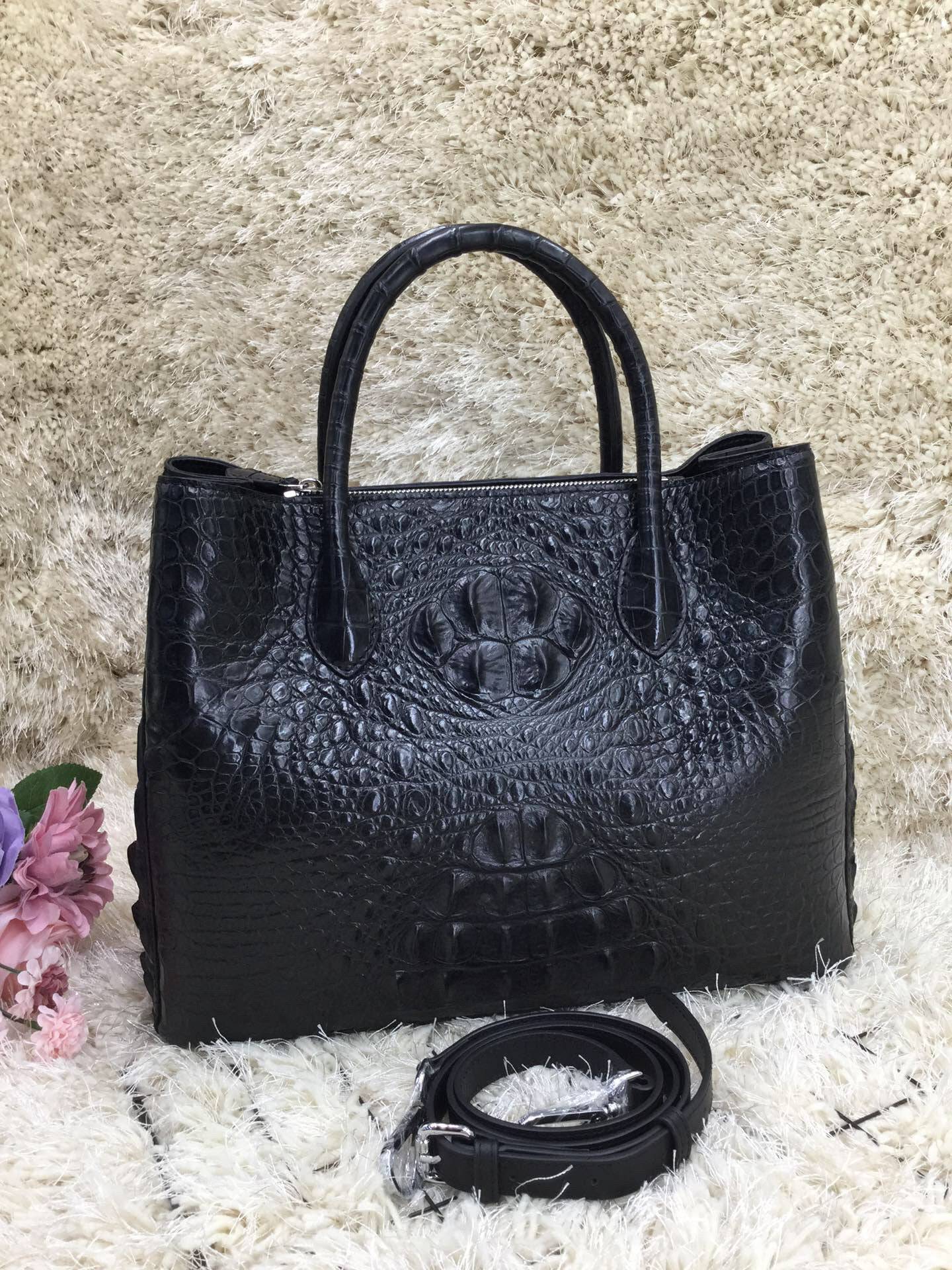 Womens Crocodile  Skin  Leather Satchel Bag 30cm Black