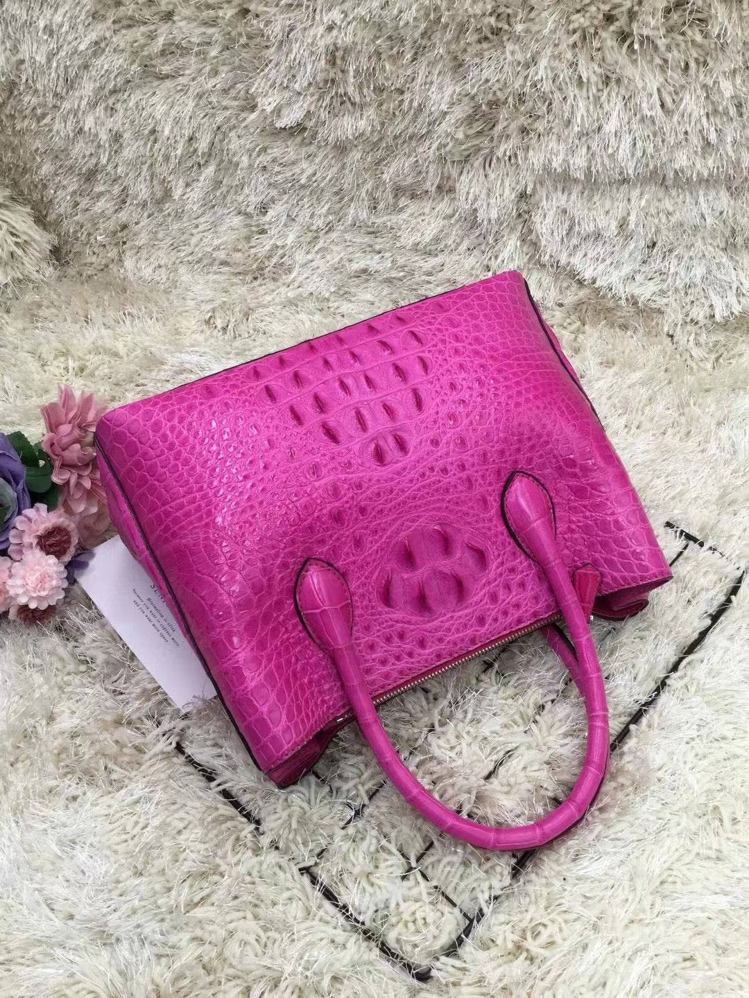 Womens Crocodile  Skin  Leather Satchel Bag 30cm Pink