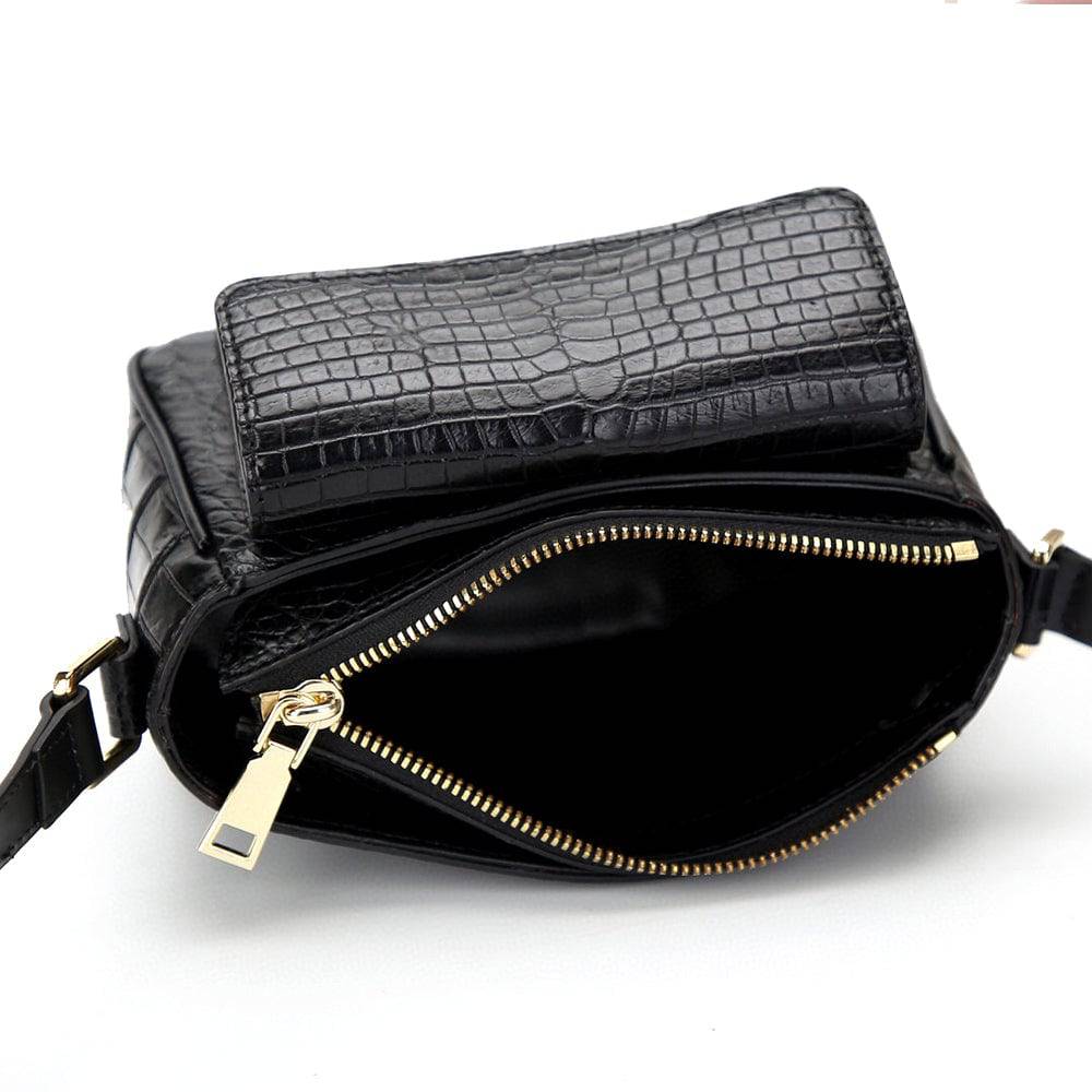 Crocodile Leather Womens Cross Body Shoulder Bag Black