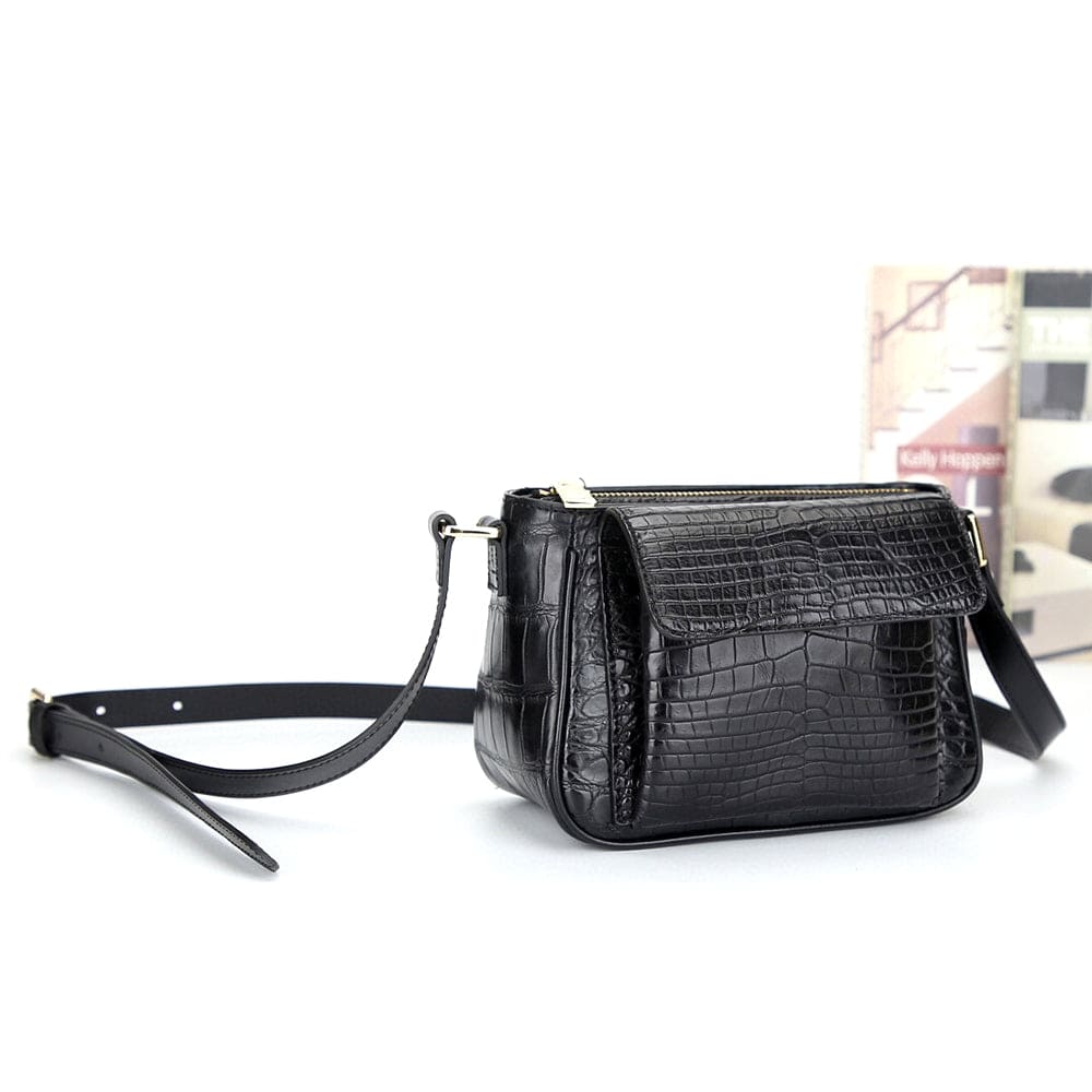 Crocodile Leather Womens Cross Body Shoulder Bag Black