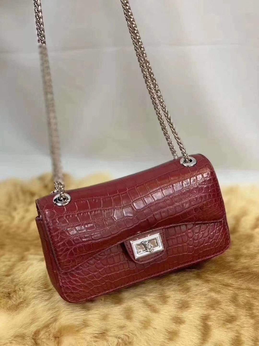 Womens Genuine Crocodile Leather Flap Chain Bag Small Size