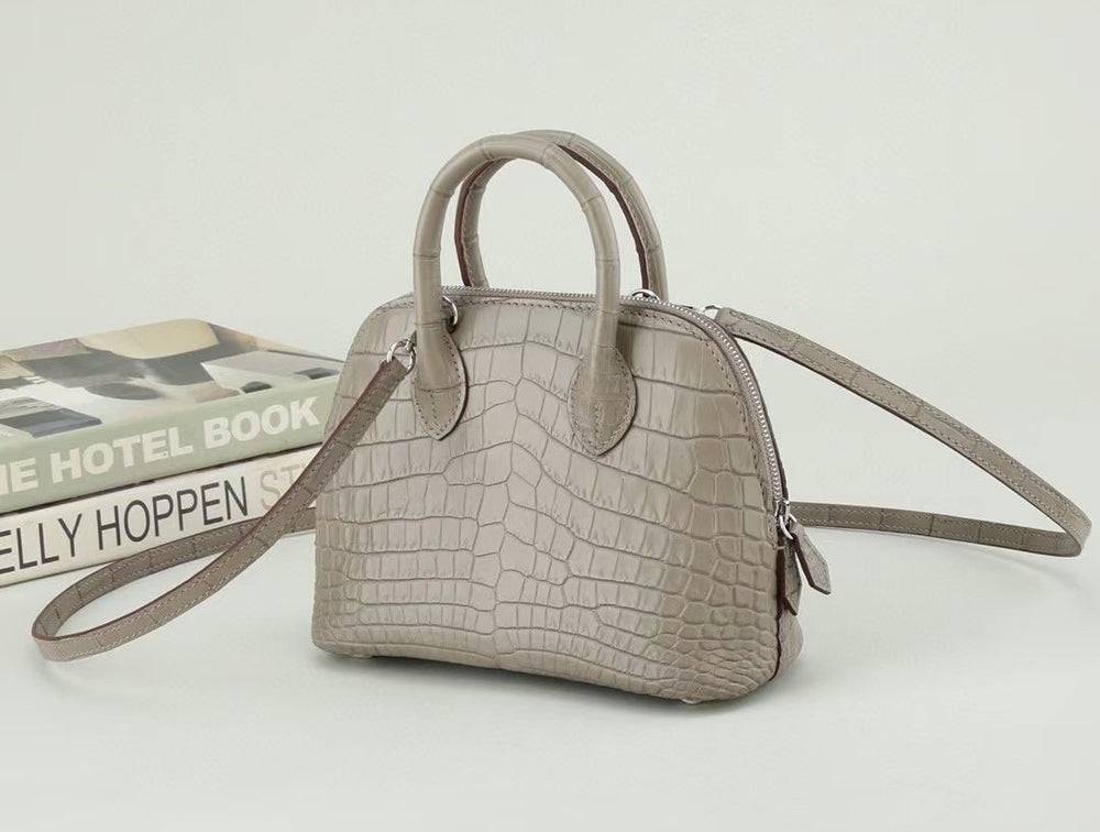 Womens Genuine Crocodile Leather Small Shell Promennade Trapezoid Cross Body Bag Grey