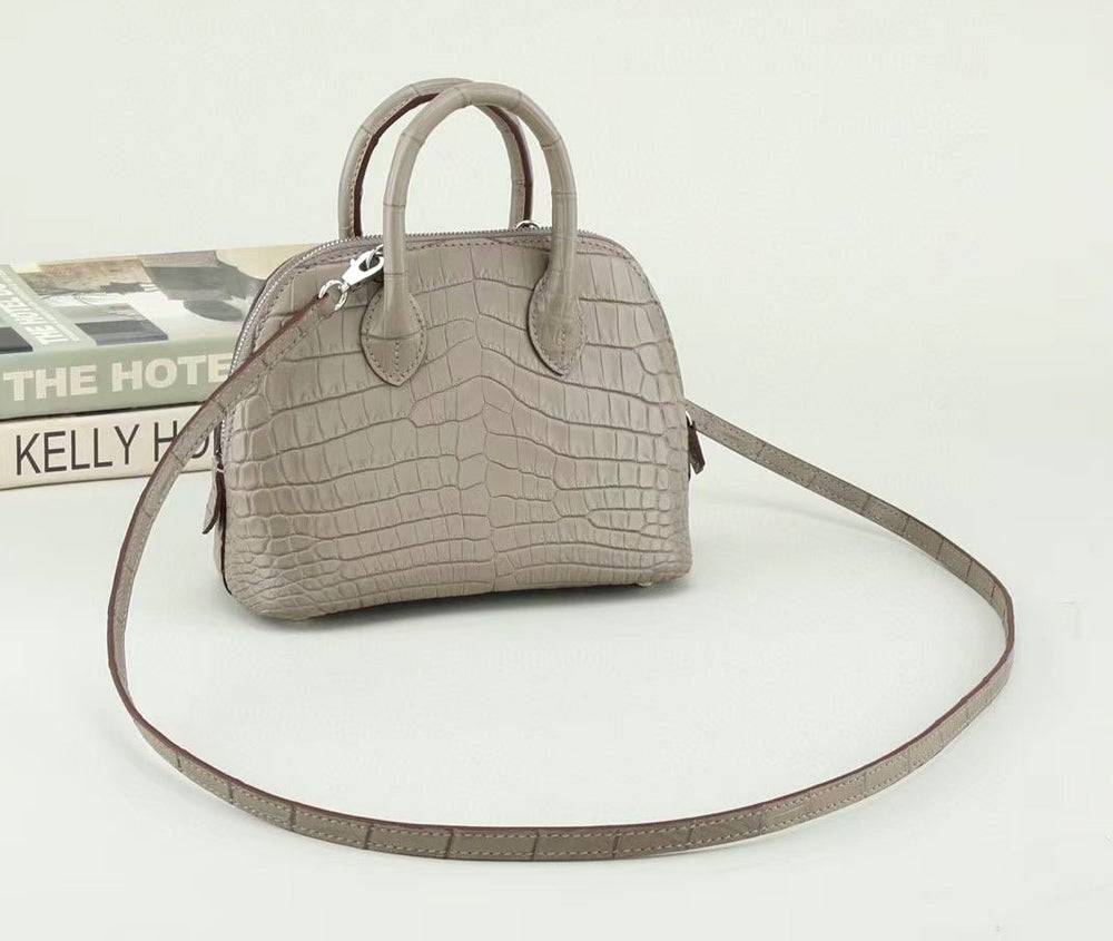 Womens Genuine Crocodile Leather Small Shell Promennade Trapezoid Cross Body Bag Grey