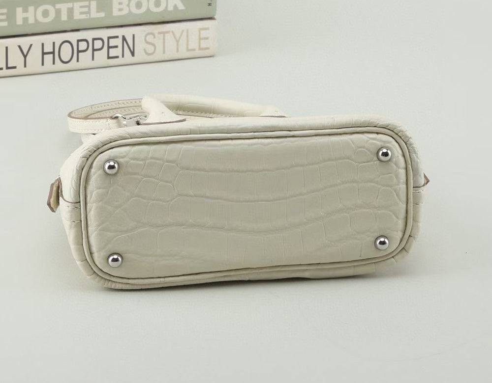 Womens Genuine Crocodile Leather Small Shell Promennade Trapezoid Cross Body Bag Ivory