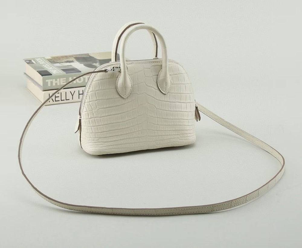 Womens Genuine Crocodile Leather Small Shell Promennade Trapezoid Cross Body Bag Ivory