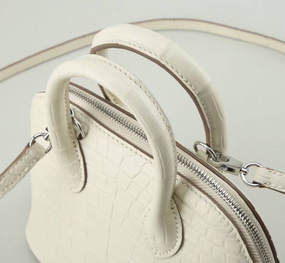 Womens Genuine Crocodile Leather Small Shell Promennade Trapezoid Cross Body Bag Ivory