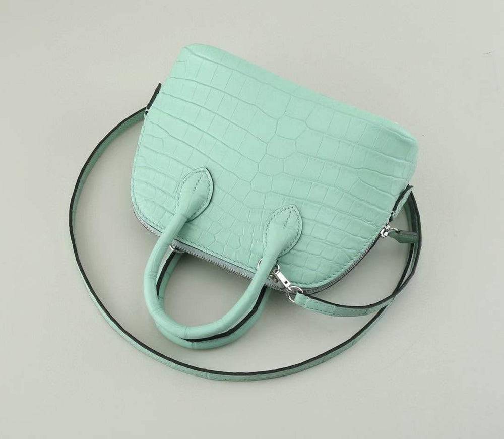 Womens  Genuine Crocodile Leather Small Shell Promennade Trapezoid Cross Body Bag Pale Green