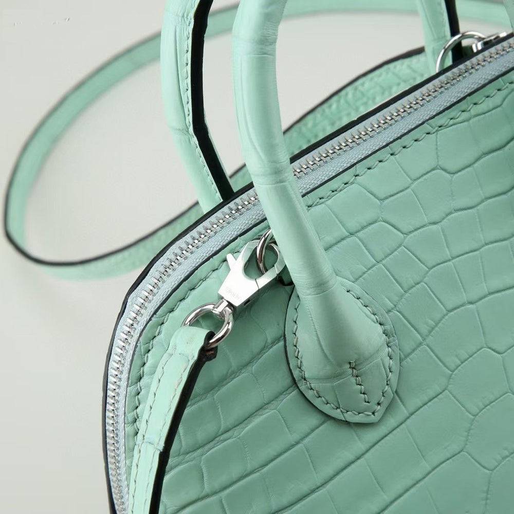 Womens  Genuine Crocodile Leather Small Shell Promennade Trapezoid Cross Body Bag Pale Green